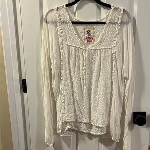 Johnny Was Cream Embroidered Ruffle-Trim Long-Sleeve Peasant Blouse